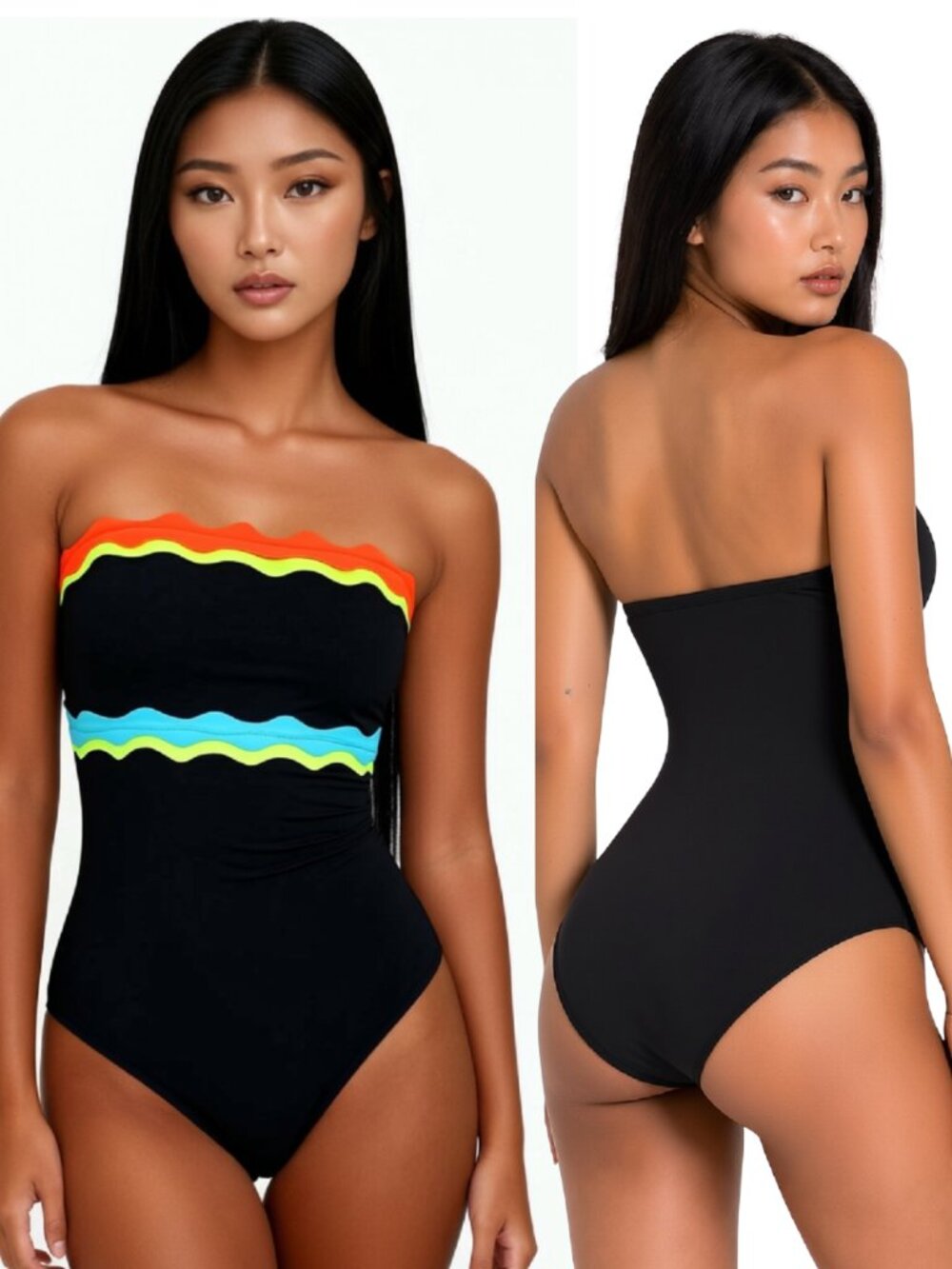 POPVIL Medium Black Neon Scallop Strapless Tummy Control One Piece Swimsuit NWT